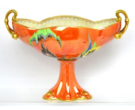 A Carlton ware Art Deco orange and pearlised ovoid twin pedestal bowl, 'The Prickly Pansy', RN729261, approx height 24cm, len