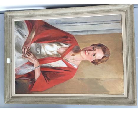 English School (20th century): Portrait of a lady in a white dress & red shawl, oil on canvas, inscribed verso 