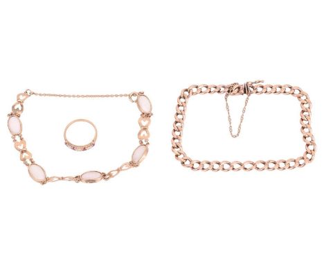 A collection of jewellery items comprising a 9ct gold ruby and diamond-set half hoop ring, a yellow metal flat curb link brac