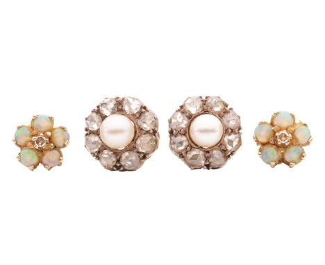 Two pairs of gem-set stud earrings; the first pair each comprising a round pearl and a rose-cut diamond surround in white met