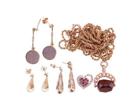 A small group of 9ct gold jewellery and others; including a pair of goldstone bar drop earrings in 9ct gold with stud fitting
