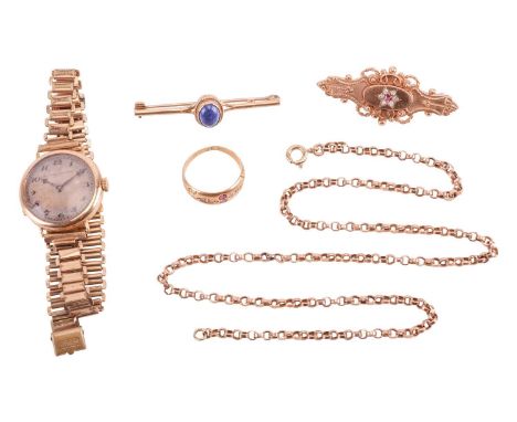 A small collection of jewellery items; to include an Etruscan Revival bar brooch in 9ct gold, decorated with cable work and g