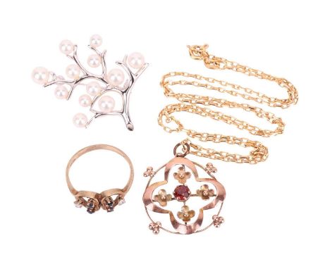 A collection of jewellery items comprising a Mikimoto brooch, in the form of a cherry blossom branch, set with twelve culture