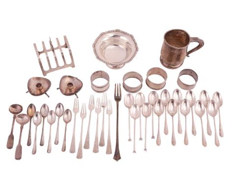 A collection of silver and silver plated items; containing ten silver teaspoons, five silver teaspoons with flat finials, six