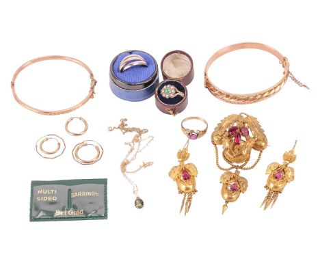 A collection of jewellery, comprising examples of a Victorian Etruscan Revival brooch and earrings suite, set with pink paste