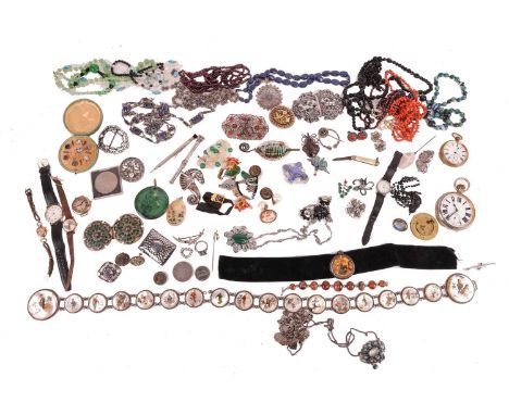 A quantity of silver and costume jewellery. To include a Chinese hand painted button belt, together with a Persian hand paint