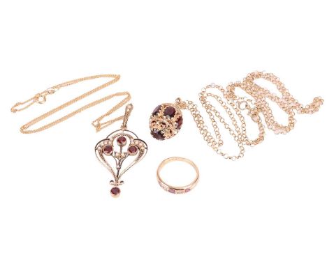 Two pendants on chain and a gem-set ring; the first containing an ovoid-shaped pendant set with five oval-cut garnets and a c