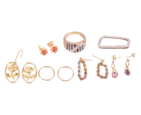 A collection of jewellery items comprising a calibre-cut sapphire ring in 9ct gold, a pair of paste-set earrings, a pair of s