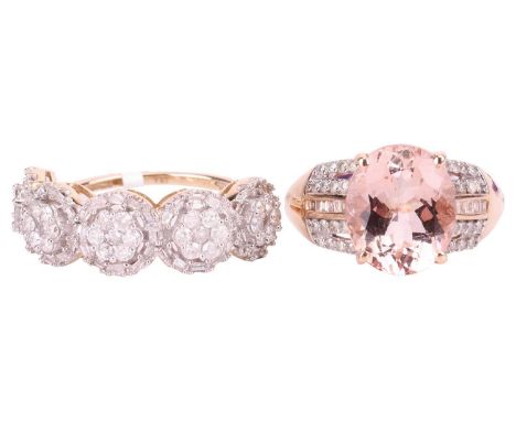 A morganite and diamond-set dress ring, the oval mixed-cut morganite measuring approximately 11.8mm x 9.9mm, leading to diamo