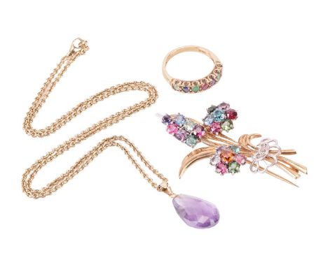 A multiple gem-set spray brooch, claw-set with various gemstones in clusters, including examples of amethyst, sapphire, garne
