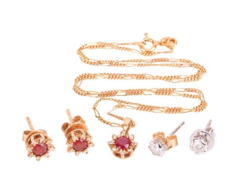 A gem-set necklace and two pairs of stud earrings; to include a ruby and diamond cluster pendant marked '750', on a Figaro ch