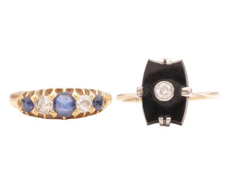 A sapphire and diamond half-hoop ring in 18ct, and a panel ring; comprising three graduated circular-cut sapphires, flanking 