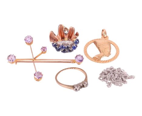 A small collection of jewellery, to include a single ear clip set with sapphire cabochons and diamonds, a 'Southern Cross (or