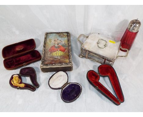 A good mixed lot to include a meerschaum pipe with case, an unusual glass top box depicting a lady in period costume containi
