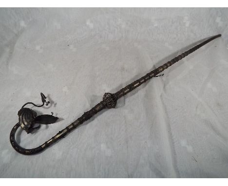 A silver alloy opium pipe from the Peacock Lisu Hill Tribe, circa 1950's, 70cm (h)