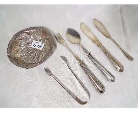 Five silver hallmarked flatware and a hallmarked silver bowl with relief floral and foliate decoration 11.5cm (diam)