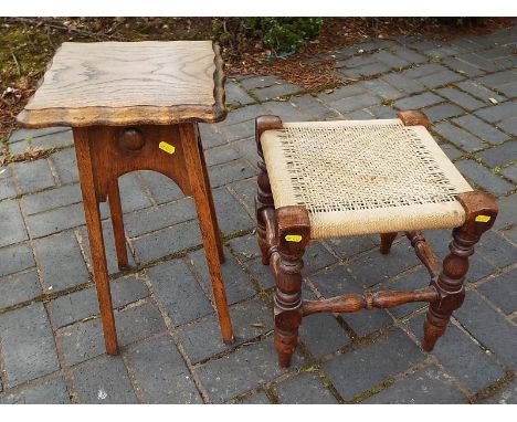 A small oak plant stand and a woven seated foot stool - (2)