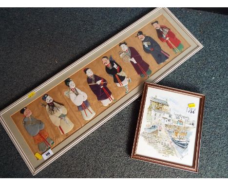 A montage depicting eight Japanese figures with hand painted decoration, mounted and framed under glass, image size, 18cm x 7