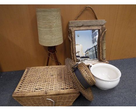 A collection of vintage items to include a wooden lamp, sewing basket, ceramic chamber pot, a mirror with driftwood frame and