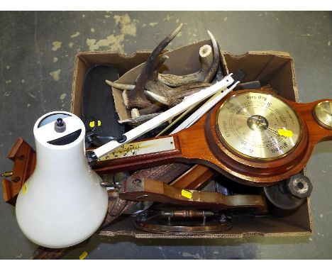 A mix to include wooden biscuit barrel, barometer, binoculars and similar 