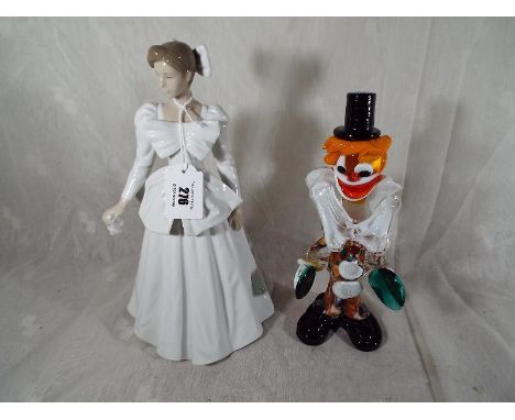 A Nao by Lladro figurine depicting a lady, 30cm (h) and an Italian Murano glass figure depicting a clown, 26cm (h) - (2)