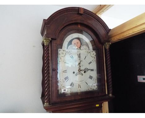 A late 18th century longcase clock, eight day bell strike movement, painted arched dial with moonphase indication and matchin