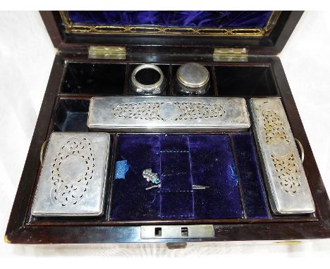 A mahogany cased vanity set with wooden partitions and glass trinket dishes with plated lid - Est £50 - £80