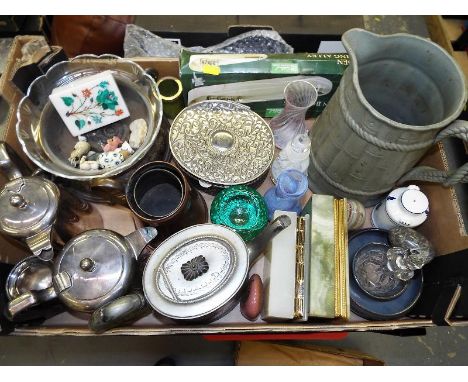 A good mixed lot to include Oriental white metal trinket box, sea shells, inlaid marble box, fossils, Caithness glass, Onyx, 