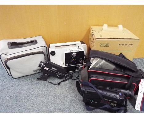 A collection of vintage camera equipment to include an Erno film viewer Model E-600 D-8, a Eumig video camera, a Philips Boot