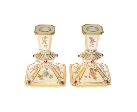 Pair of late Victorian Royal China Works Worcester floral decorated and jewelled candlesticks