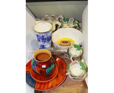 Poole pottery vase and two dishes, Mauchline ware box, assorted teaware, Ringtons vase, postcards, etc