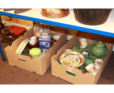 Two boxes of assorted china, jelly moulds, barometer, books, commemorative ware, etc