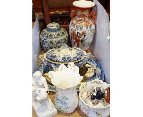 Blue and white meat plate, tureen and ladle, Oriental ginger jar, vase, Parian style group