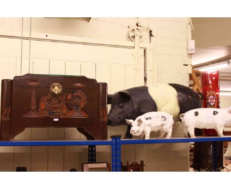 1920's/30's mahogany wall clock, small camphor wood trunk, red and floral painted glass stick stand and three pig models