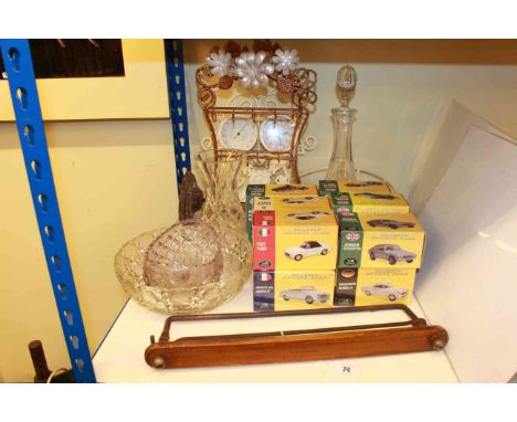 Boxed model vehicles, glassware, towel rail, clock/barometer, framed sunflower sculpture etc