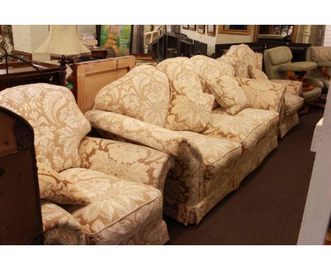 Good quality three piece lounge suite comprising of three seater settee,  ladies and gents chairs in light foliate pattern fa