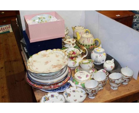 Assorted teaware and other china, pottery plaque, Kayserzin pewter oval dish, coffee cups and saucers, etc
