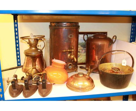 Two copper urns, jug and two hotwater bottles, brass jam pan and oil lamp, three flat irons and print