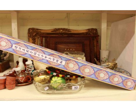 Gilt framed wall plaque, Eastern tray, Oriental wares, scroll, corner shelf, table lamps, etc