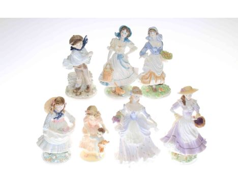 Four Coalport figures, 'The Boy', 'A Helping Hand', 'Childhood Joys' and 'Lavender Sweet Lavender' and Three Royal Worcester 