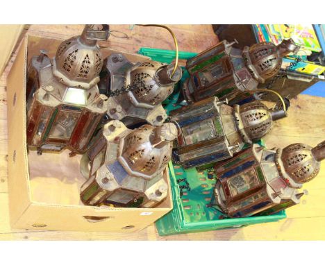 Set of six Eastern style metal and coloured glass lantern light fittings