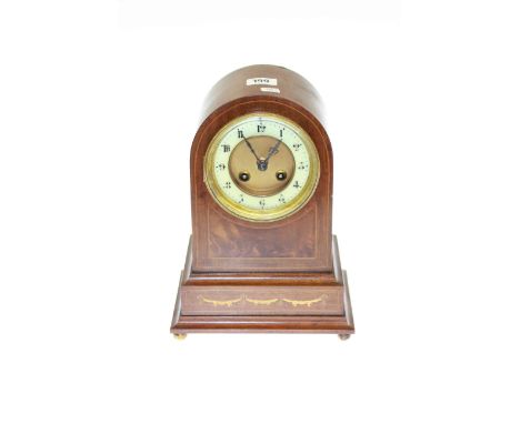 Edwardian inlaid mahogany mantel clock with enamelled dial