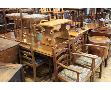 Priory oak glazed door top unit, rectangular draw leaf dining table and eight ladder back dining chairs