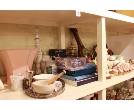 Barometer, ornaments, coffee set, Aynsley china, marble table lamp, pestle and mortar, etc
