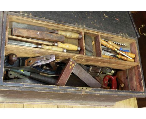 Pine joiners tool box and tools including planes, saws etc