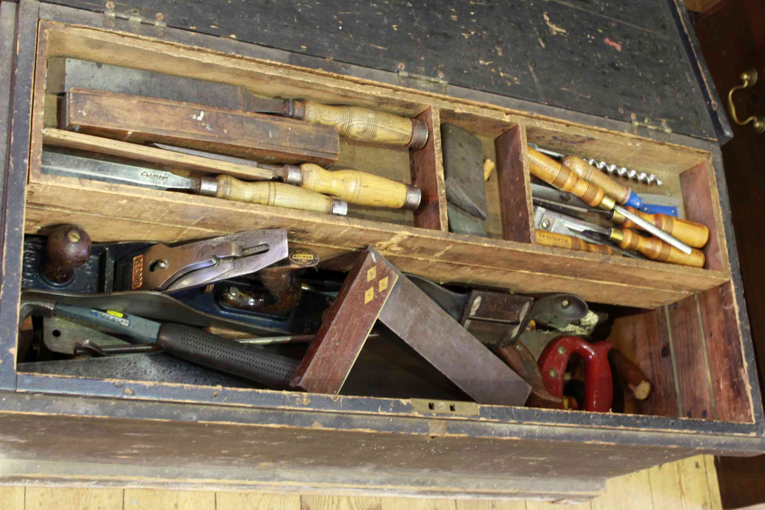 Pine joiners tool box and tools including planes, saws etc