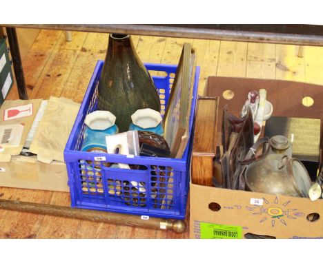 Collectors plates, clock set, large vase, Staffordshire watch stand, kukri knife, compass, etc