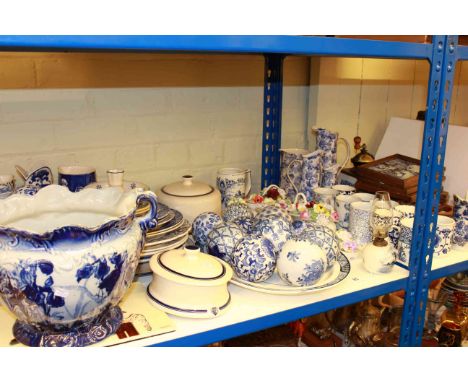 Collection of blue and white china including jardiniere, carpet bowls, mugs, plates, jugs etc, china posies, coffee grinder, 