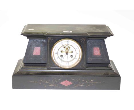 Late Victorian slate mantel clock with enamel dial and visible escapement