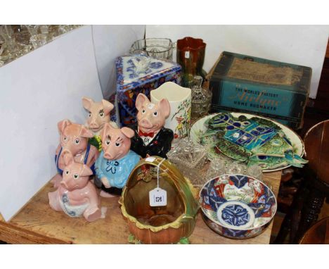 Five Wade Nat West pigs, Stilton cover and stand, Linthorpe vase, vintage rug make, pottery basket, etc